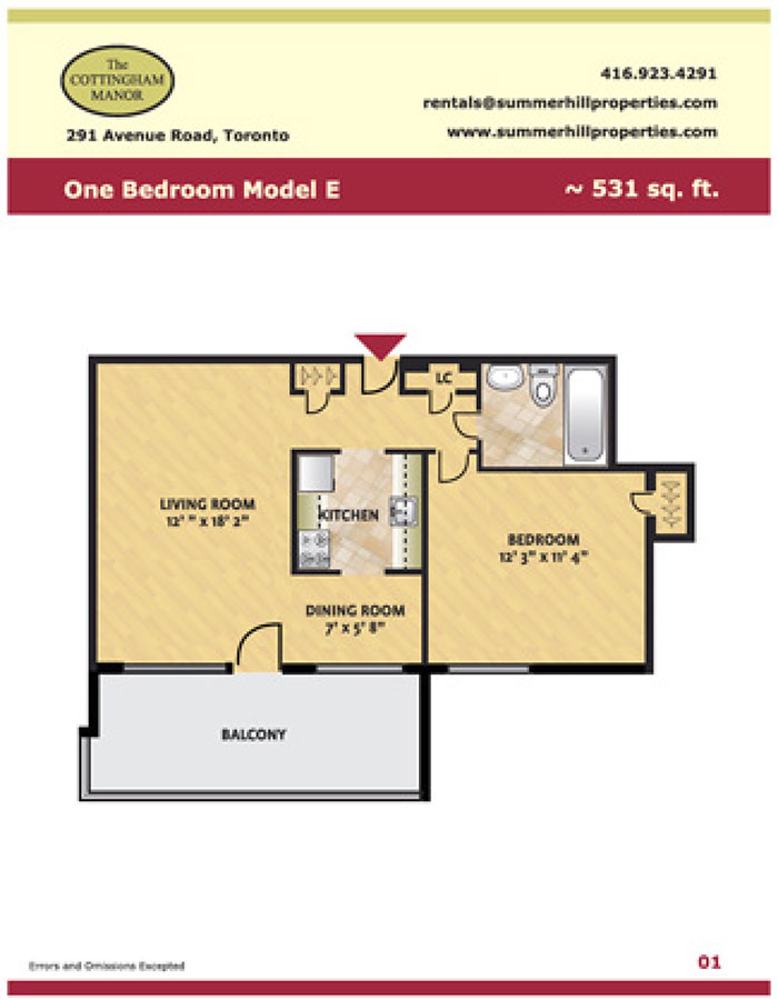 Floorplan of one bedroom model E at The Cottingham Manor near Avenue Road & Dupont