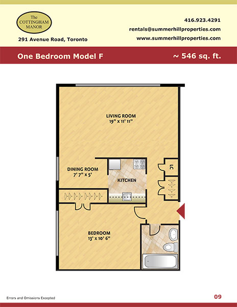 Floorplan of one bedroom model F at The Cottingham Manor near Avenue Road & Dupont