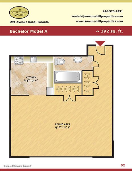 Floorplan of bachelor model A at The Cottingham Manor near Avenue Road & Dupont