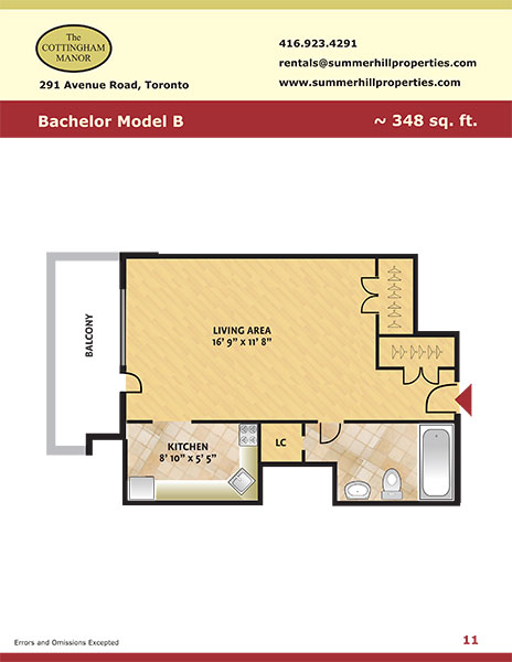 Floorplan of bachelor model B at The Cottingham Manor near Avenue Road & Dupont