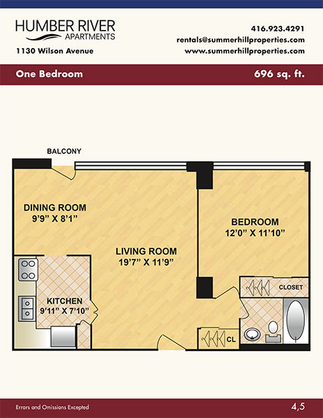 Floorplan of one bedroom apartment at Humber River Apartments near Keele & Wilson