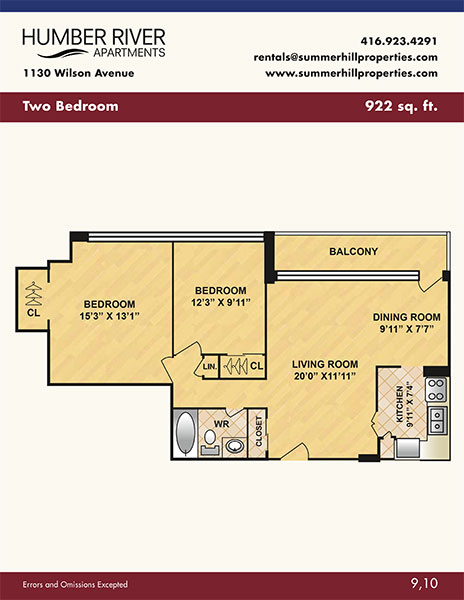 Floorplan of two bedroom apartment at Humber River Apartments near Keele & Wilson