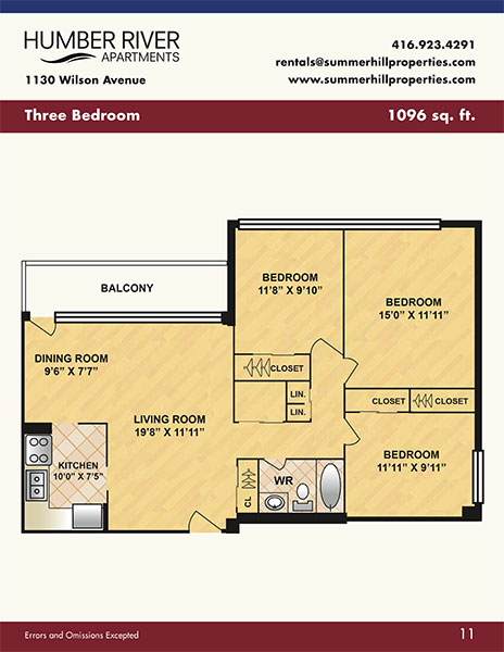 Floorplan of three bedroom apartment at Humber River Apartments near Keele & Wilson