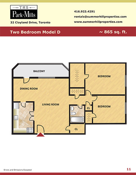 Floorplan for two bedroom model D - The Park Mills at the 401 and DVP