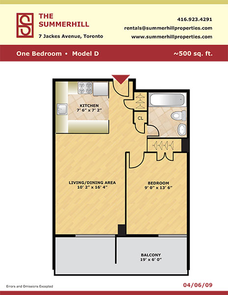 Floorplan of one bedroom apartment model D - The Summerhill at Yonge & St. Clair