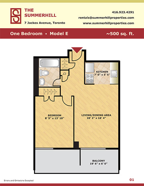 Floorplan for Jr. one bedroom apartment model E - 7 Jackes Avenue The Summerhill